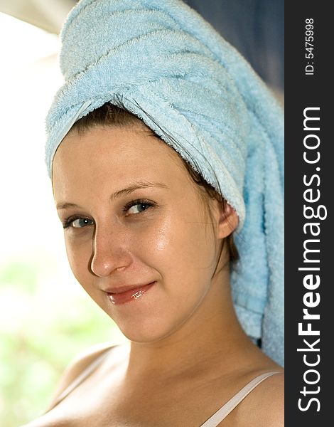 Woman with towel on head. Woman with towel on head