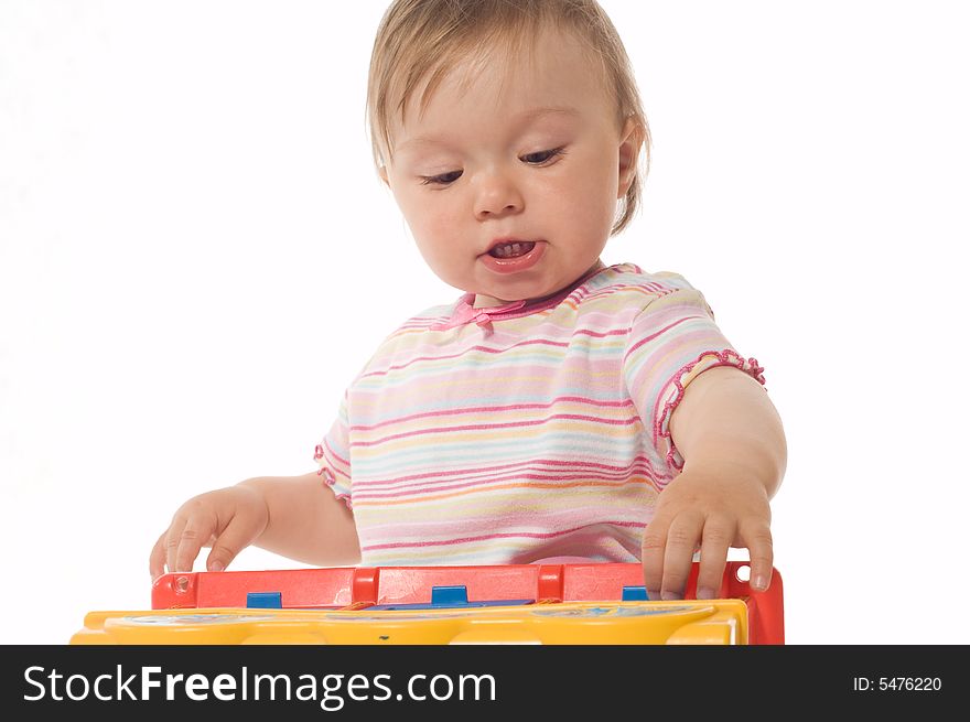 Happy baby girl on white background