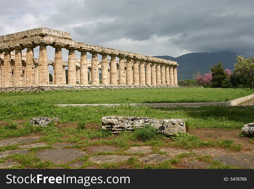 Temple of Hera in Paestum. Paestum is the classical Roman name of a major Graeco-Roman city in the Campania region of Italy.