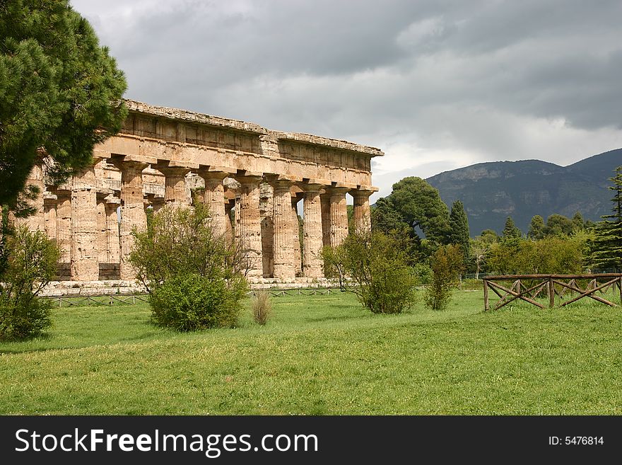 Temple of Hera in Paestum. Paestum is the classical Roman name of a major Graeco-Roman city in the Campania region of Italy.