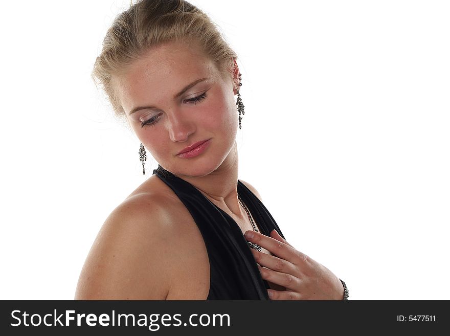 Very shy blond girl isolated on white background