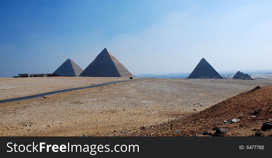 Broad view of the three Giza Pyramids