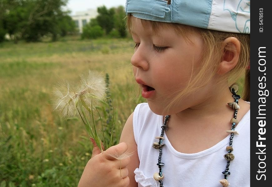 Little girl with a cap blowing a dandelion. Little girl with a cap blowing a dandelion.