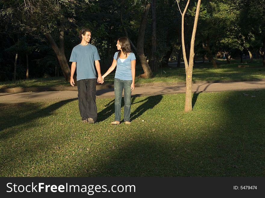 Couple holding hands walking in the park. Their shadows are seen behind them. Horizontally framed photograph. Couple holding hands walking in the park. Their shadows are seen behind them. Horizontally framed photograph