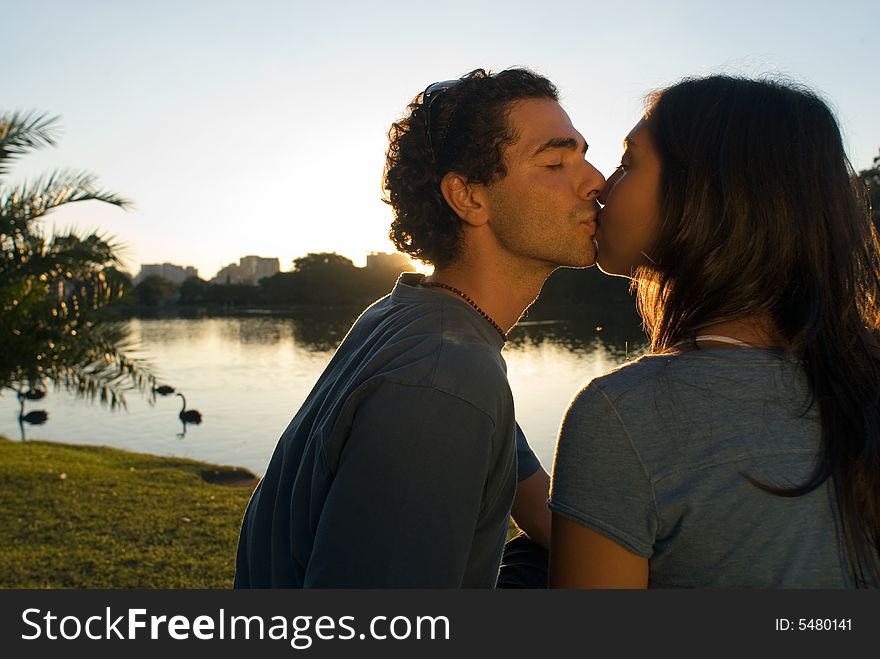 Couple kissing. There is a pond with swans, and buildings in the background. Horizontally framed photograph. Couple kissing. There is a pond with swans, and buildings in the background. Horizontally framed photograph