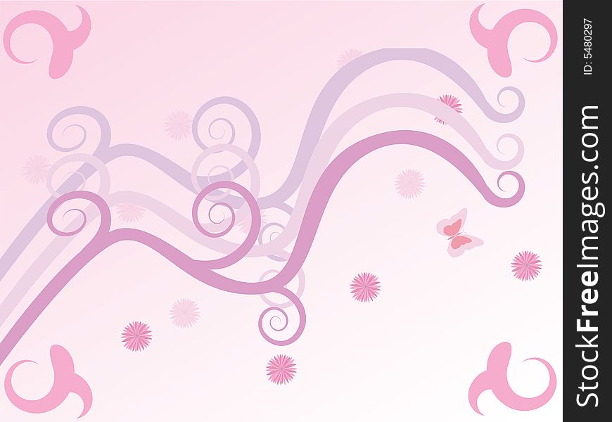 Background illustration in pink with curves and flowers, to celebrate spring. Background illustration in pink with curves and flowers, to celebrate spring