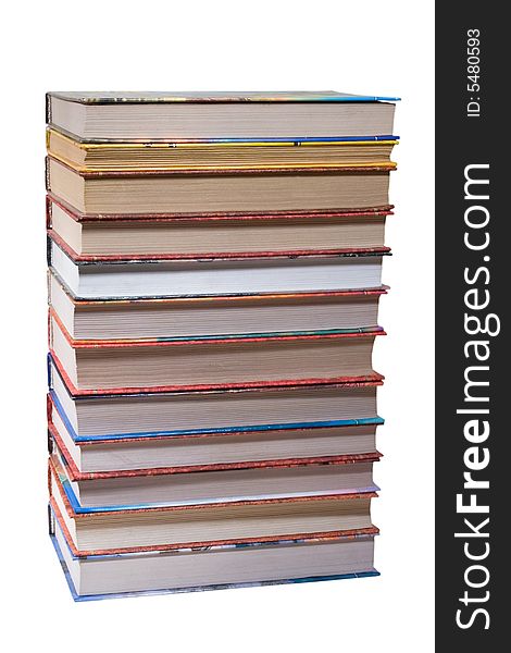 Dozen different books, stacked on a white background