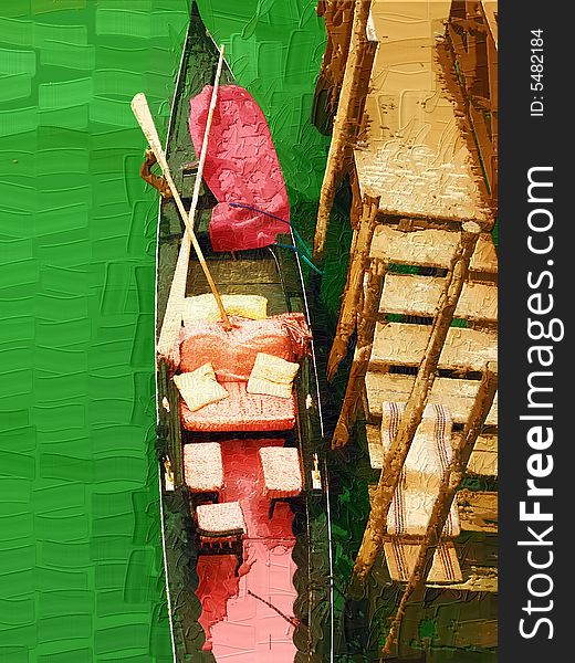 Wooden deck stairs with carpet leading towards a beautiful gondola; oil painting illustration. Wooden deck stairs with carpet leading towards a beautiful gondola; oil painting illustration