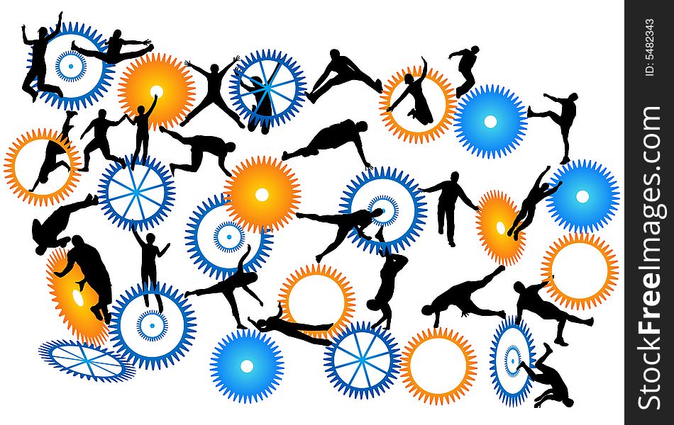 Illustration of acrobats, blue, orange, black