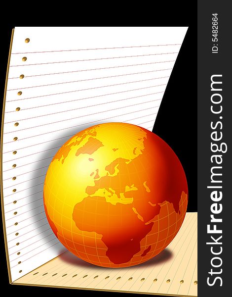 3d illustration a large world attached with blank rolled paper documents sitting. 3d illustration a large world attached with blank rolled paper documents sitting