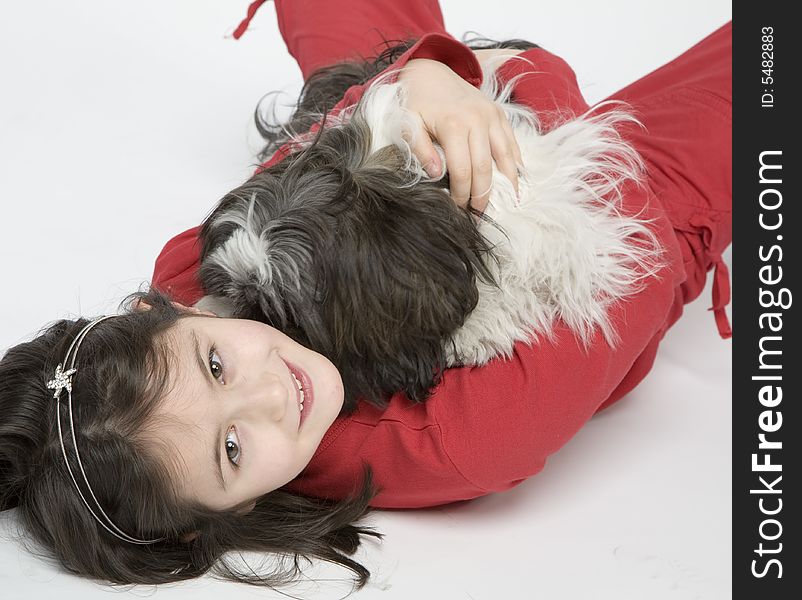 Child with dog pet