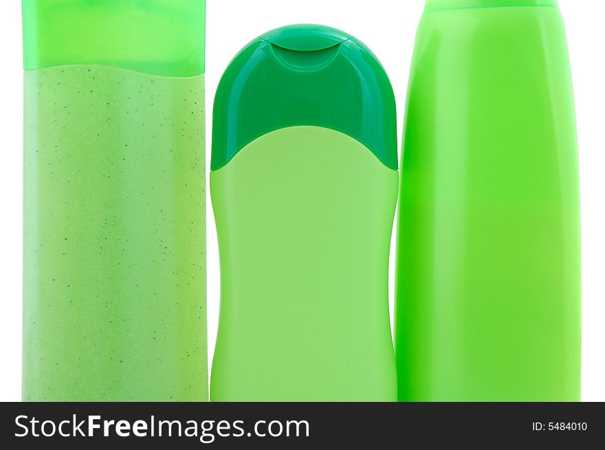 Three different green beauty and hygiene products. On overwhite background. Three different green beauty and hygiene products. On overwhite background.
