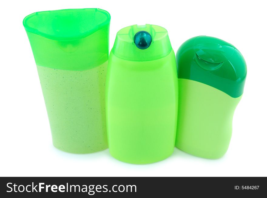 Three different  green beauty and hygiene products. On overwhite background. Three different  green beauty and hygiene products. On overwhite background.