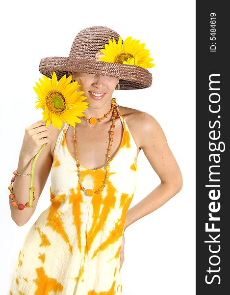 Portrait of hispanic woman holding sunflower with happy expression - isolated. Portrait of hispanic woman holding sunflower with happy expression - isolated