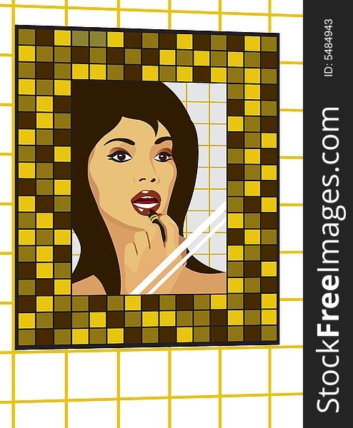 Young woman makes up in the mosaic stroked mirror. Young woman makes up in the mosaic stroked mirror