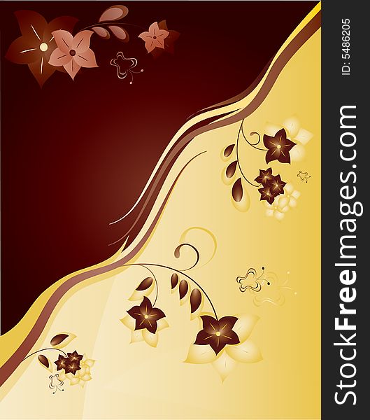 Vector illustration of brown and yellow background with flowers and butterflies