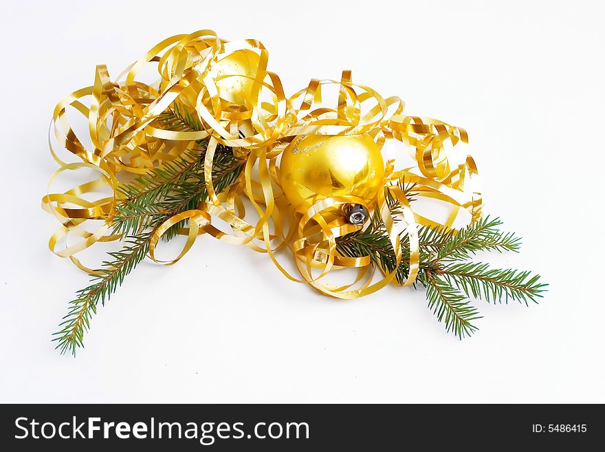Christmas decoration with golden ball and ribbon
