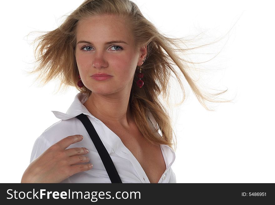 Portrait of young blond woman isolated on white background