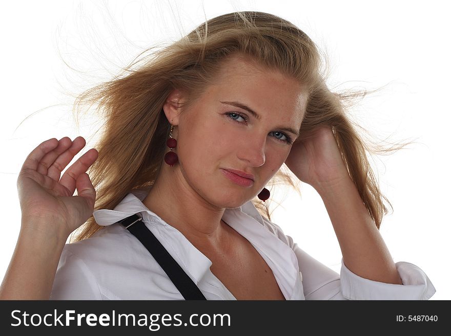 Portrait of young blond woman isolated on white background