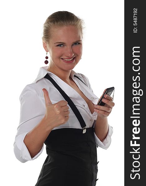 Business woman with ok gesture and mobile phone