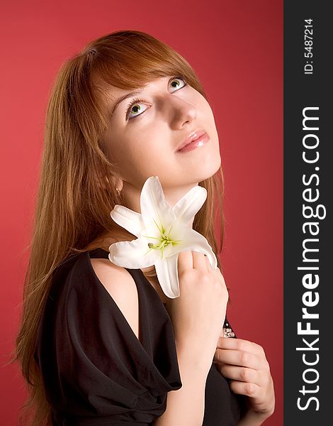 Romantic girl with flower isolated on red background