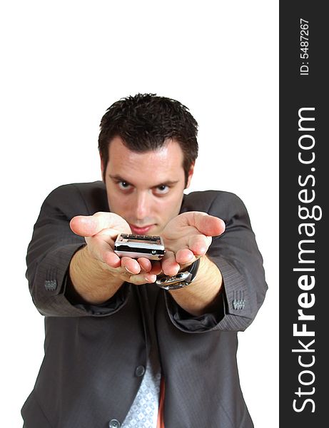 A young businessman, holding a cellphone(mobile) on his spread palms with hands pointing far forward. A young businessman, holding a cellphone(mobile) on his spread palms with hands pointing far forward