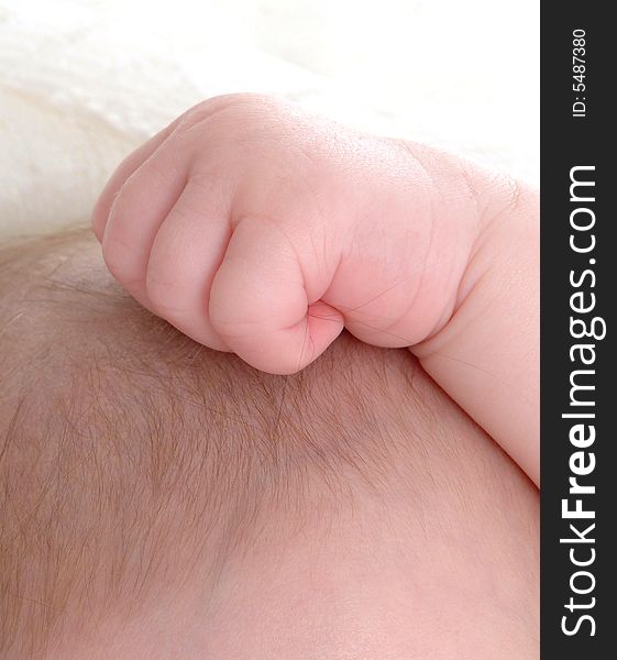 Closeup of infant hand on head positioned in a fist. Closeup of infant hand on head positioned in a fist