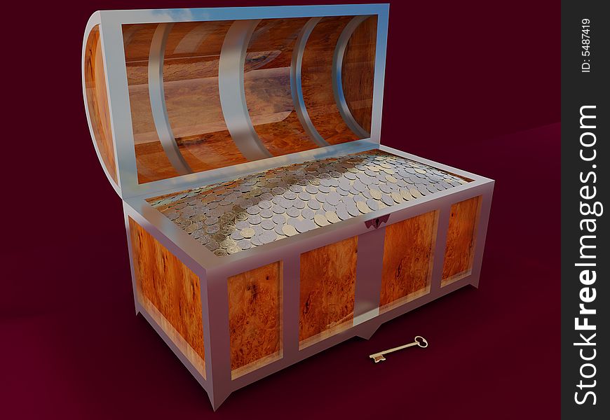 Chest filled by precious coins, 3D render. Chest filled by precious coins, 3D render