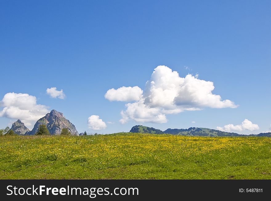 The mythen peaks rising from a picturesque landscape of fields and sky. The mythen peaks rising from a picturesque landscape of fields and sky