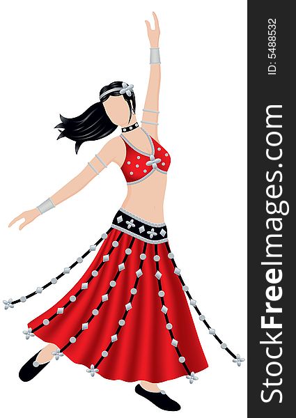 An illustration of a tribal belly dancer with red dance outfit. She has many silver decorations on her outfit and on swinging cords. Vector EPS8 file also available.