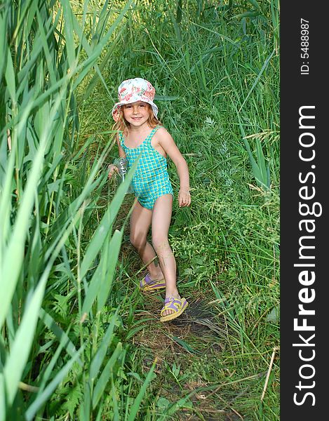 Merry little girl having fun in very high grass. Merry little girl having fun in very high grass