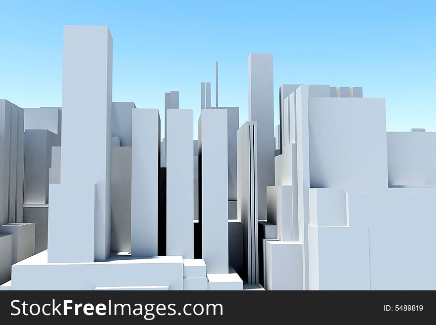 Boxes of white buildings in a megacity on a background of the blue sky. Boxes of white buildings in a megacity on a background of the blue sky