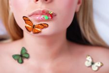 Lips And Butterflyes Stock Photos