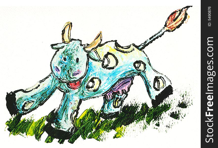 Funny cheese cow with holes.
Acrylic colors on paper. Funny cheese cow with holes.
Acrylic colors on paper