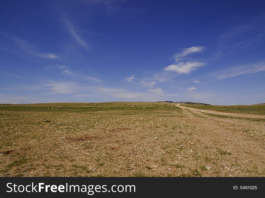 A wide open view of an arid desert landscape, typical of central Mongolia. A wide open view of an arid desert landscape, typical of central Mongolia