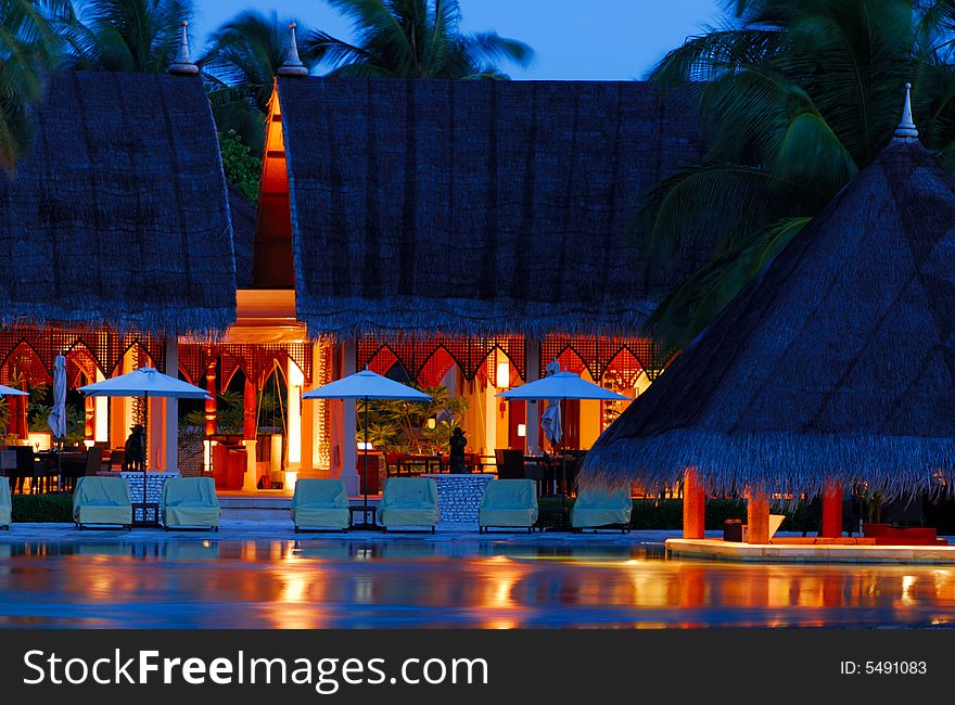 This is a picture taken of cafe huraa @ fs resort at maldives a few minutes before sunrise. This is a picture taken of cafe huraa @ fs resort at maldives a few minutes before sunrise