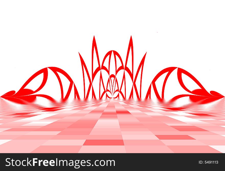 Abstract illustration,  red ornament from the colors and the tapes floating up from the flat surface, clean white background. Abstract illustration,  red ornament from the colors and the tapes floating up from the flat surface, clean white background.