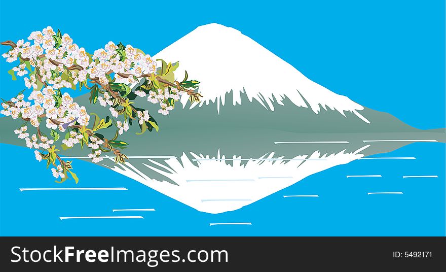 Illustration with mountain, lake, and tree with flowers