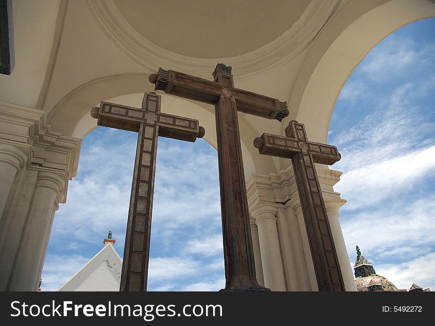 Crosses of the Moorish Cathedral in Copacabana, near the Titicaca Lake - Bolivia, South America. Crosses of the Moorish Cathedral in Copacabana, near the Titicaca Lake - Bolivia, South America.