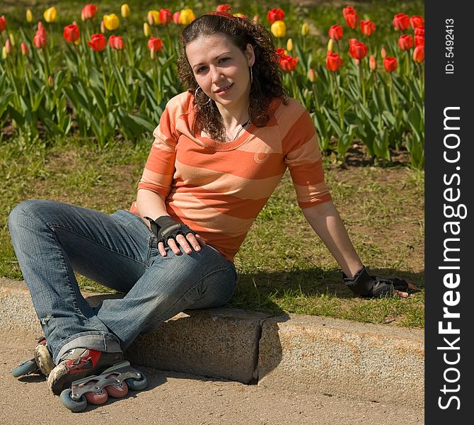 Rollerskating Girl with Flowers on Background