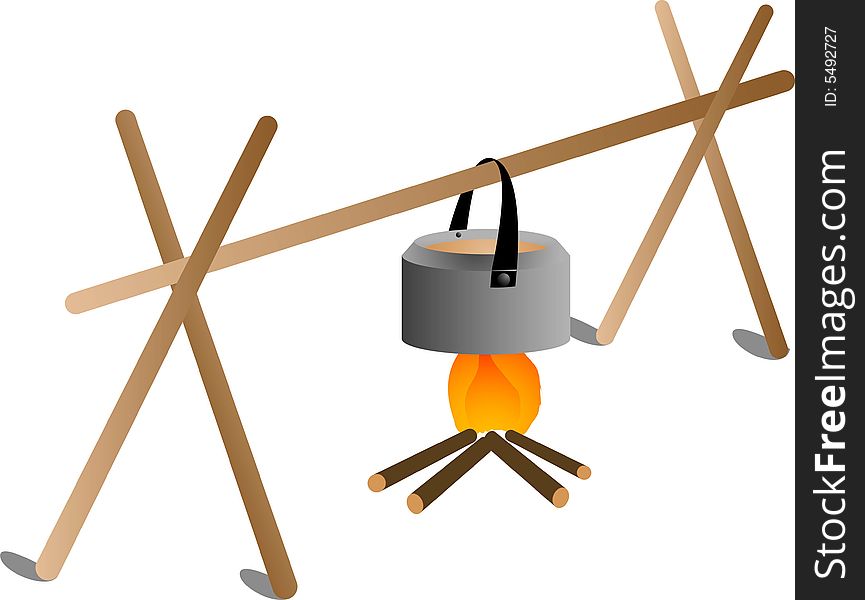Kettle hanging over fire on isolated background. Kettle hanging over fire on isolated background