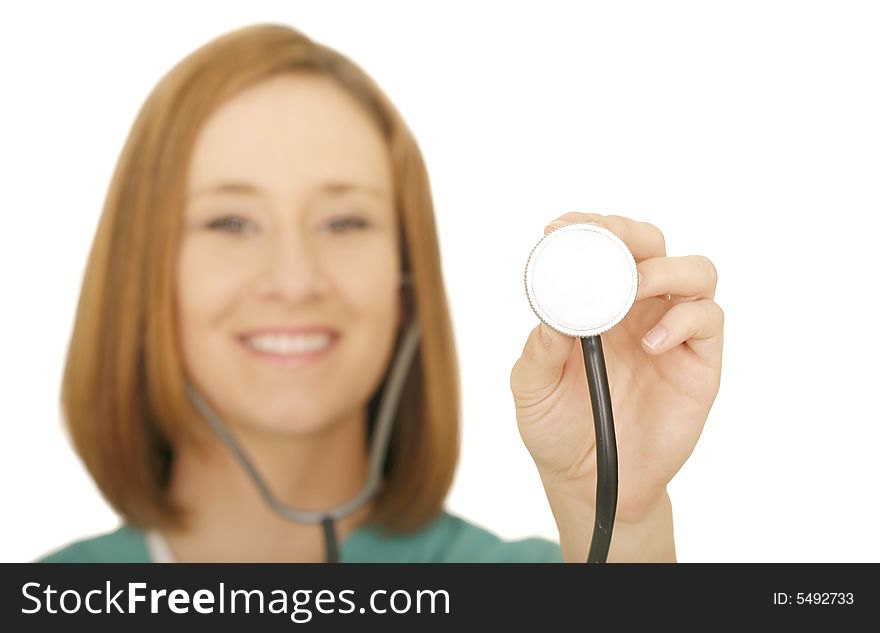 Woman nurse or doctor holding stethoscope to camera angle. focus only on the stethoscope. Woman nurse or doctor holding stethoscope to camera angle. focus only on the stethoscope