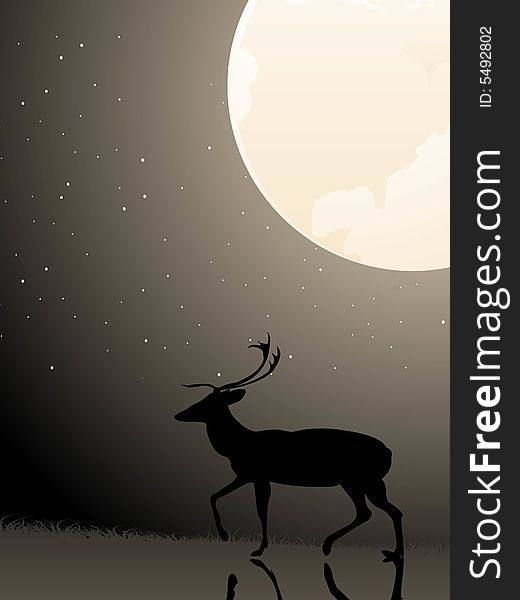 Reindeer under full moon at midnight