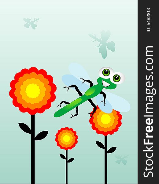 Dragonfly near flowers on gradient background
