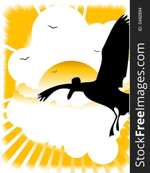 Flying crow on natural with abstract background
