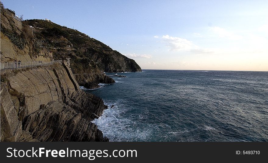 The railway and the village of Manarola.Cinqueterre