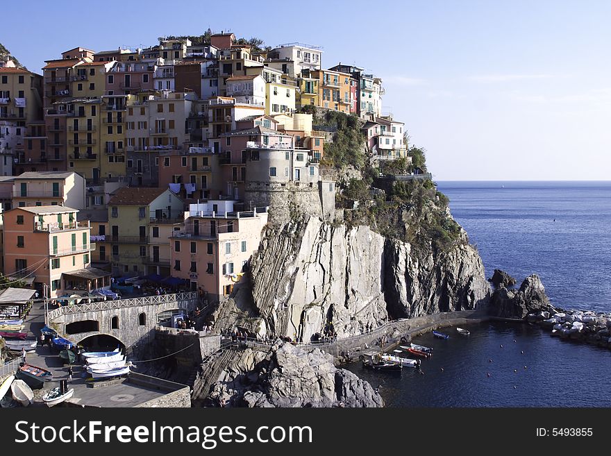 The railway and the village of Manarola.Cinqueterre