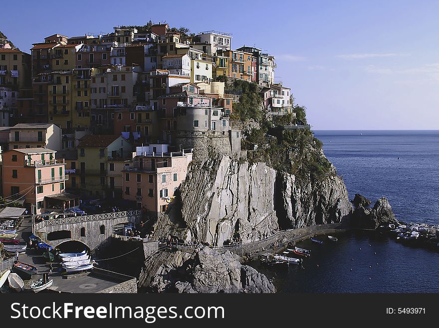 The railway and the village of Manarola.Cinqueterre