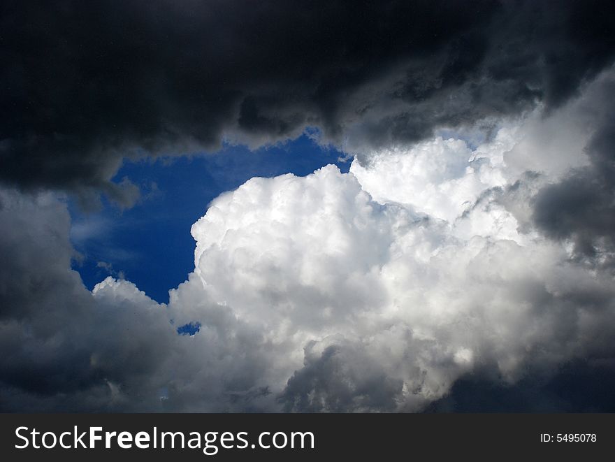 Black and white clouds with blue sky