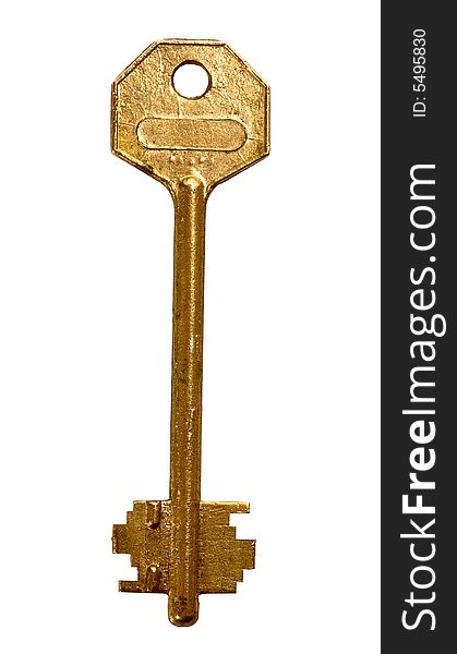 Old  yellow metalic key isolated on white. Old  yellow metalic key isolated on white